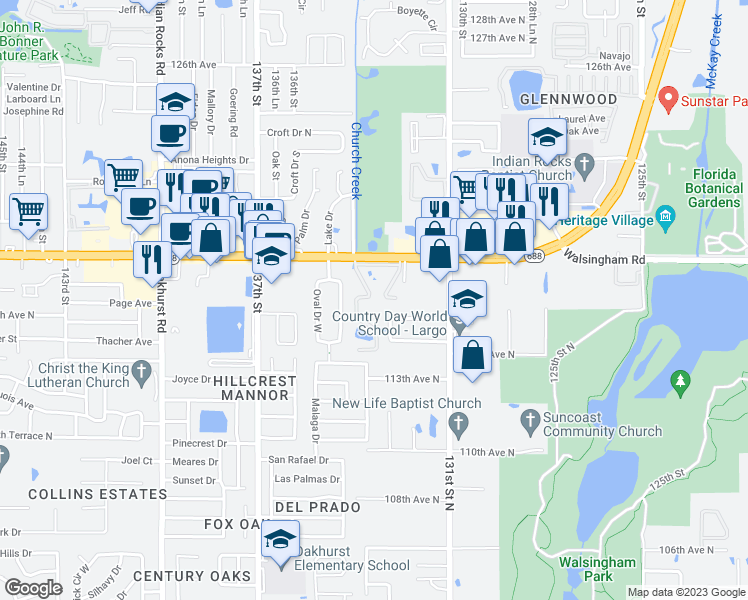 map of restaurants, bars, coffee shops, grocery stores, and more near 13300 Walsingham Road in Largo