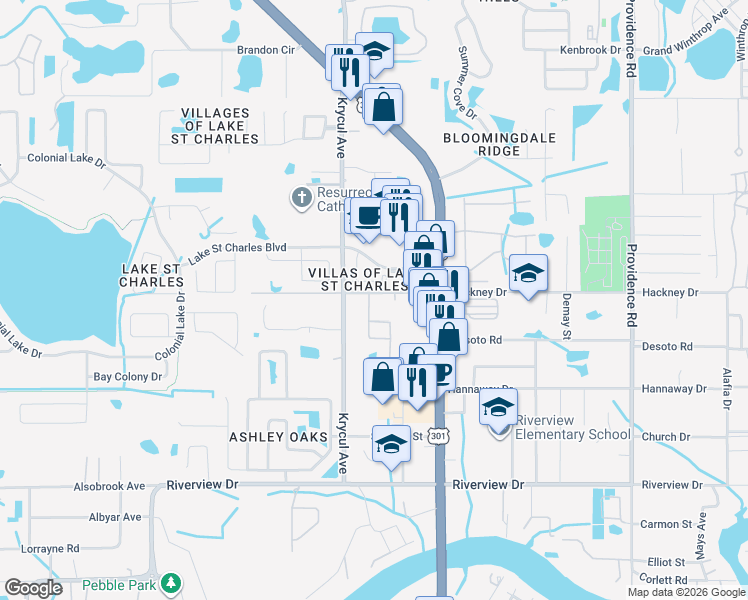 map of restaurants, bars, coffee shops, grocery stores, and more near 7004 Early Gold Lane in Riverview