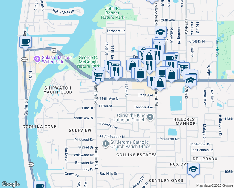 map of restaurants, bars, coffee shops, grocery stores, and more near 11722 Currie Lane in Largo