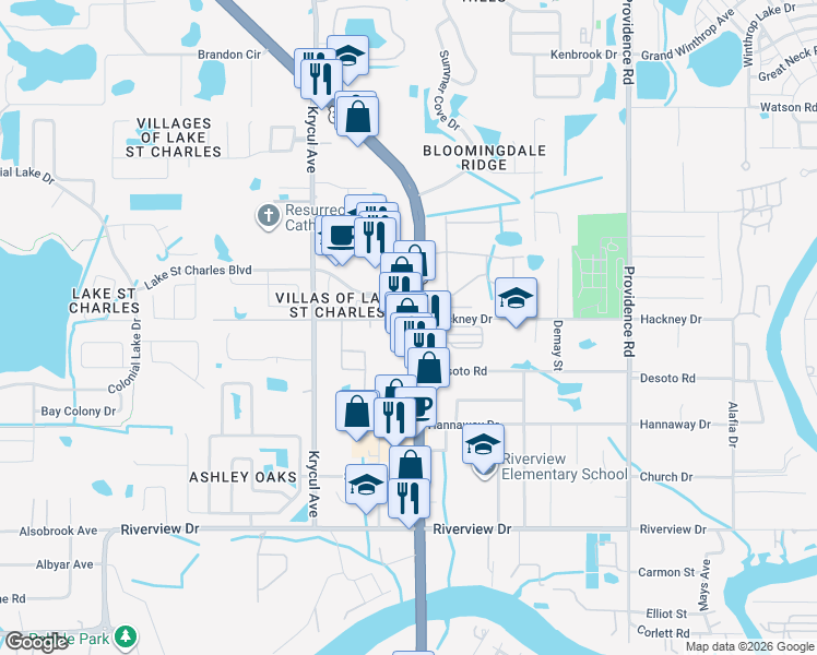 map of restaurants, bars, coffee shops, grocery stores, and more near 7007 Florida 43 in Riverview