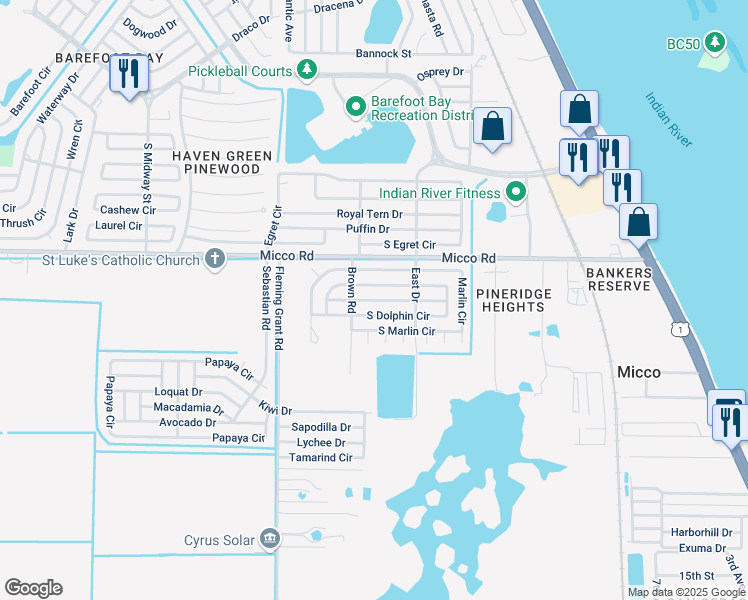 map of restaurants, bars, coffee shops, grocery stores, and more near 564 Tarpon Drive in Sebastian