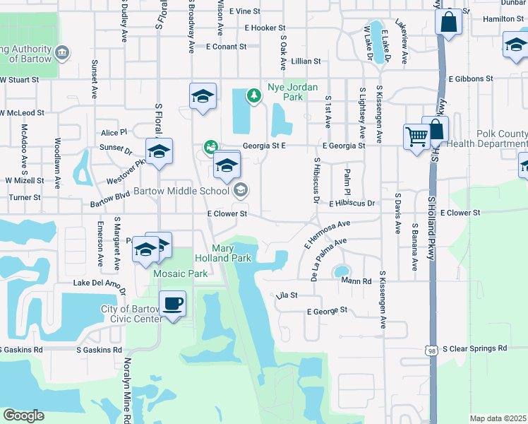 map of restaurants, bars, coffee shops, grocery stores, and more near 1710 South Jackson Avenue in Bartow
