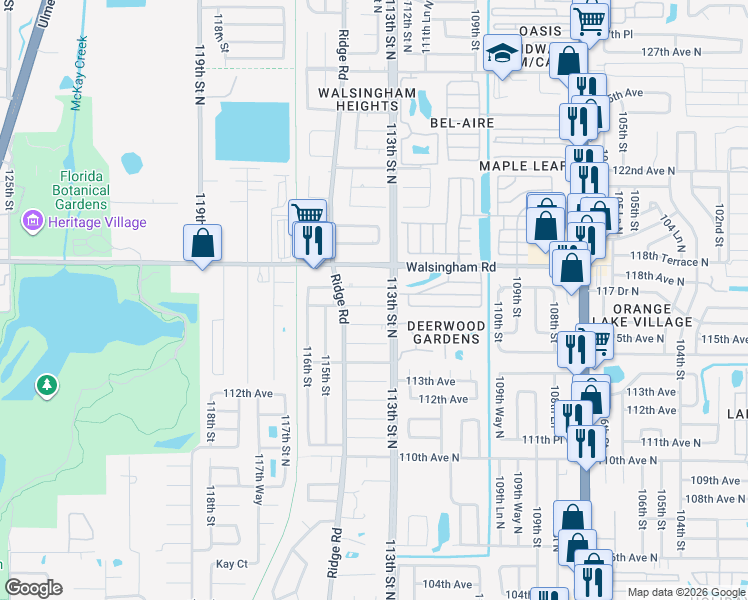 map of restaurants, bars, coffee shops, grocery stores, and more near 11357 116th Avenue in Largo