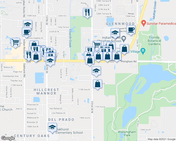 map of restaurants, bars, coffee shops, grocery stores, and more near 11627 131st Street North in Largo