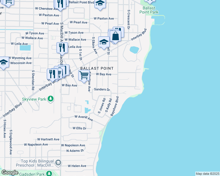 map of restaurants, bars, coffee shops, grocery stores, and more near 2710 Chambray Lane in Tampa