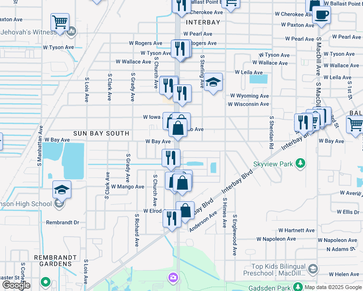 map of restaurants, bars, coffee shops, grocery stores, and more near 3718 West Bay Avenue in Tampa