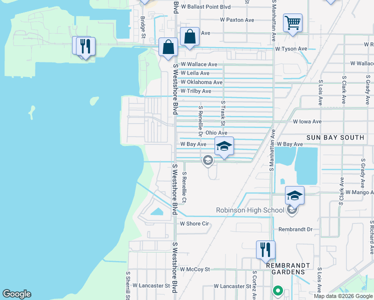 map of restaurants, bars, coffee shops, grocery stores, and more near 4724 West Bay Avenue in Tampa