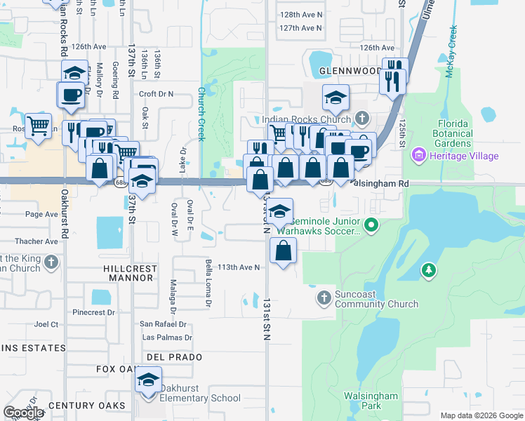 map of restaurants, bars, coffee shops, grocery stores, and more near 11627 131st Street North in Largo