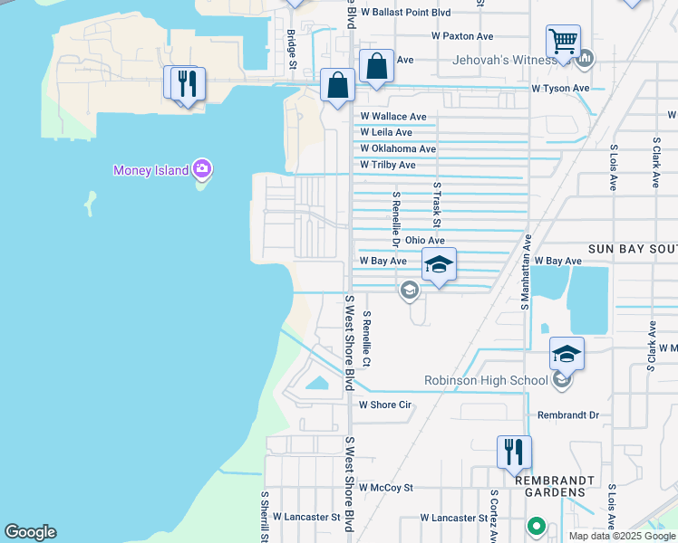 map of restaurants, bars, coffee shops, grocery stores, and more near 6207 South West Shore Boulevard in Tampa