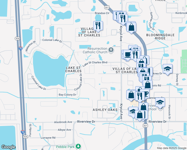 map of restaurants, bars, coffee shops, grocery stores, and more near 6928 Jamestown Manor Drive in Riverview