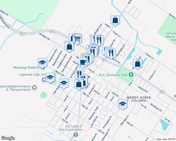 map of restaurants, bars, coffee shops, grocery stores, and more near 2571 1st Street in Ingleside
