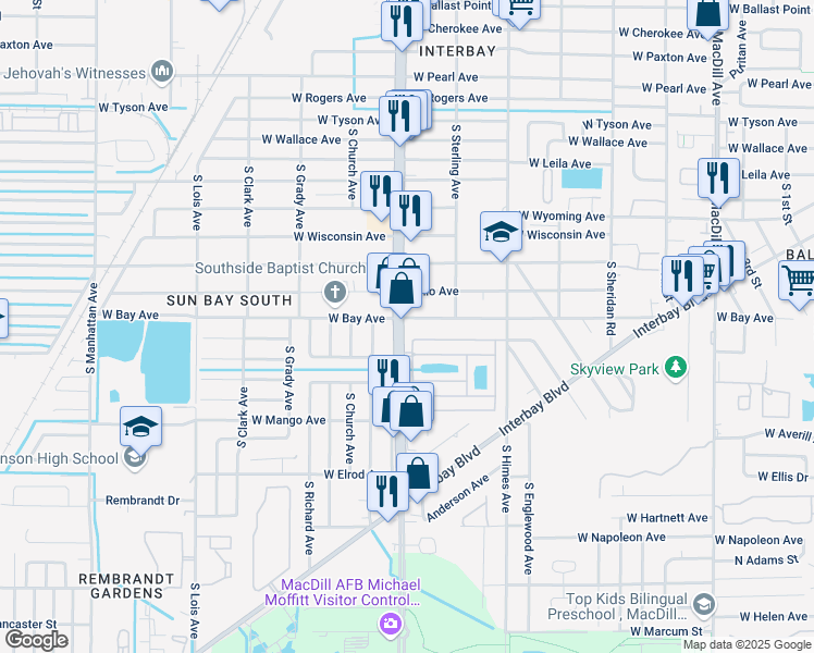 map of restaurants, bars, coffee shops, grocery stores, and more near 3730 West Bay Avenue in Tampa