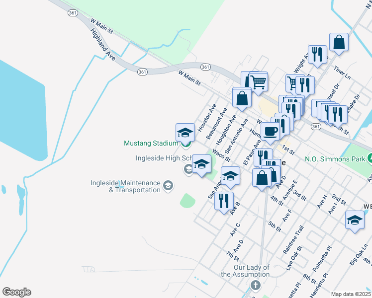 map of restaurants, bars, coffee shops, grocery stores, and more near 2807 Mustang Drive in Ingleside