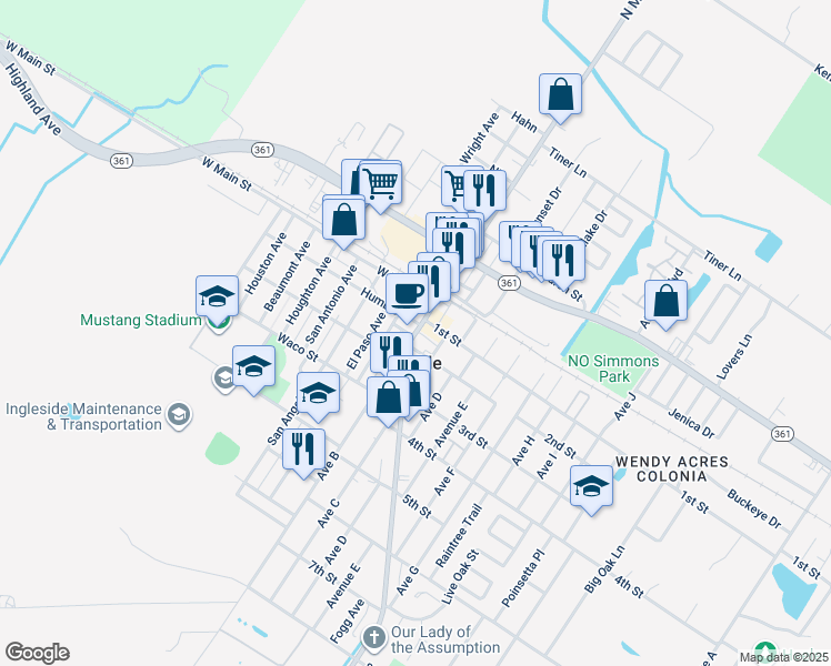map of restaurants, bars, coffee shops, grocery stores, and more near 2782 Dallas Avenue in Ingleside