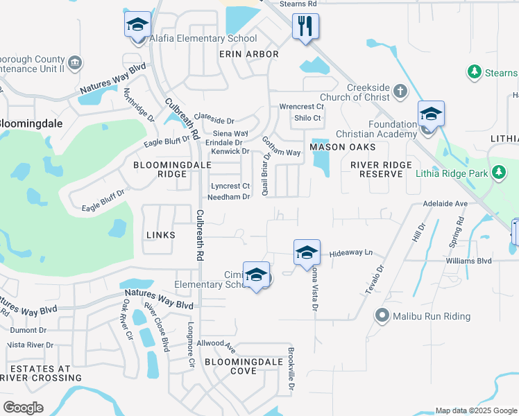 map of restaurants, bars, coffee shops, grocery stores, and more near 2638 Hideaway Ln in Valrico