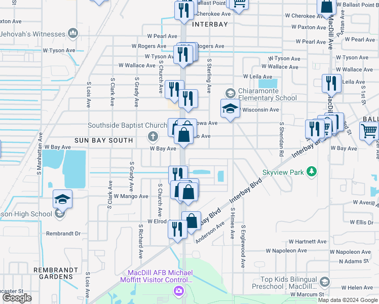 map of restaurants, bars, coffee shops, grocery stores, and more near 3718 West Bay Avenue in Tampa