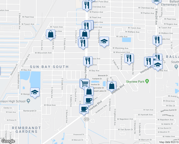 map of restaurants, bars, coffee shops, grocery stores, and more near 3718 West Bay Avenue in Tampa