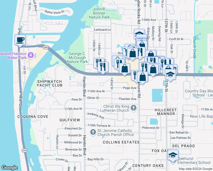 map of restaurants, bars, coffee shops, grocery stores, and more near 11722 Currie Lane in Largo