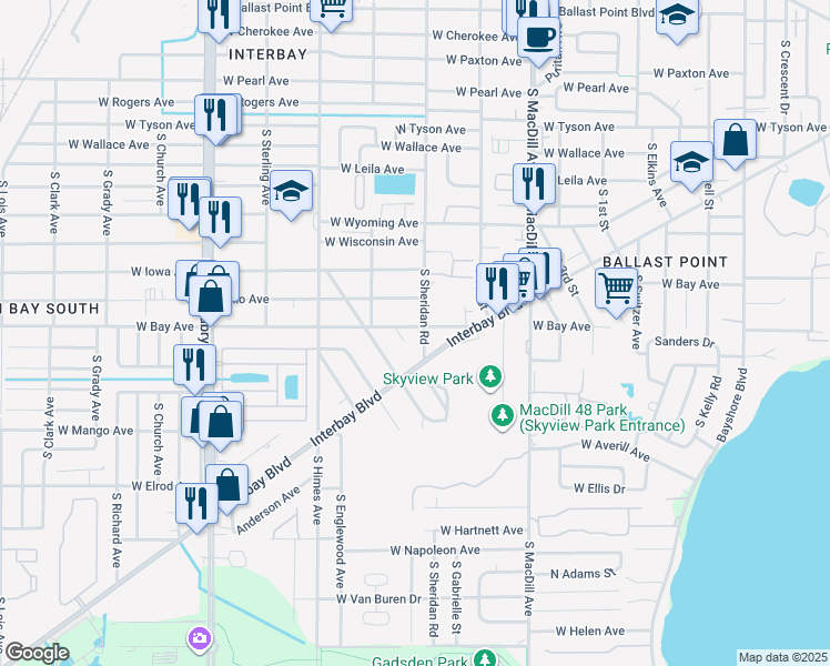 map of restaurants, bars, coffee shops, grocery stores, and more near 3404 West Bay Avenue in Tampa