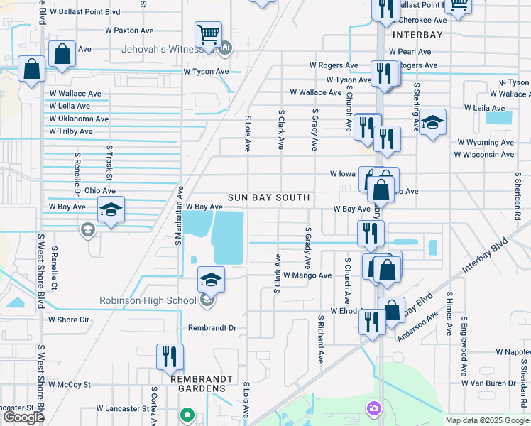 map of restaurants, bars, coffee shops, grocery stores, and more near 4108 West Bay Avenue in Tampa