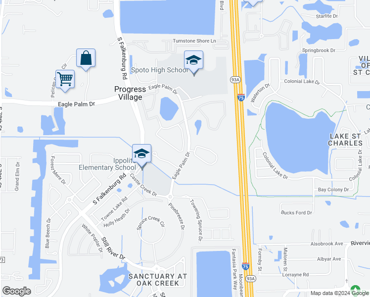 map of restaurants, bars, coffee shops, grocery stores, and more near 6970 Rolling Red Road in Riverview