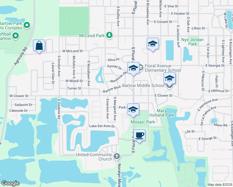 map of restaurants, bars, coffee shops, grocery stores, and more near 1685 Margaret Avenue in Bartow