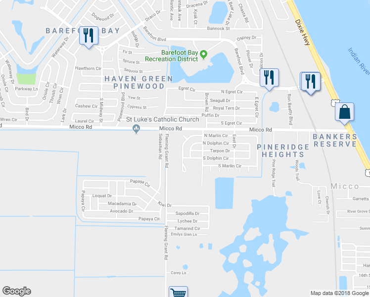 map of restaurants, bars, coffee shops, grocery stores, and more near 629 Marlin Circle in Sebastian