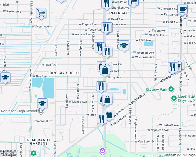 map of restaurants, bars, coffee shops, grocery stores, and more near 301 Treasure Circle in Tampa