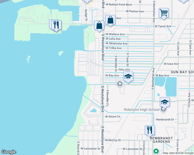 map of restaurants, bars, coffee shops, grocery stores, and more near 6207 South West Shore Boulevard in Tampa