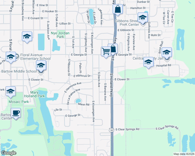 map of restaurants, bars, coffee shops, grocery stores, and more near 1290 East Clower Street in Bartow