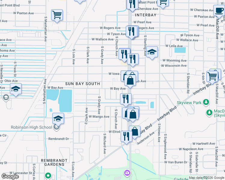 map of restaurants, bars, coffee shops, grocery stores, and more near 6202 South Adelia Avenue in Tampa