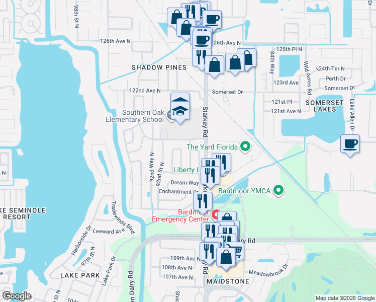 map of restaurants, bars, coffee shops, grocery stores, and more near 11726 90th Street in Largo