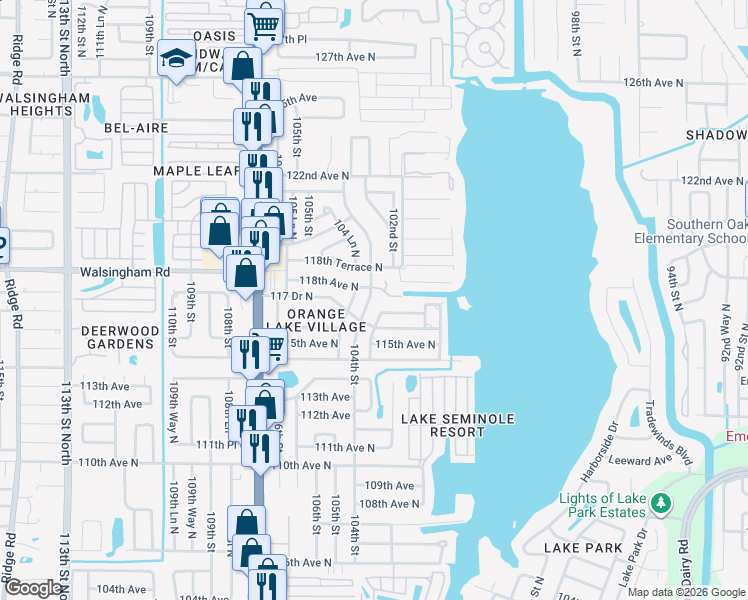 map of restaurants, bars, coffee shops, grocery stores, and more near 11797 104th Street in Largo