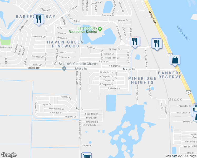 map of restaurants, bars, coffee shops, grocery stores, and more near 600 Tarpon Drive in Sebastian