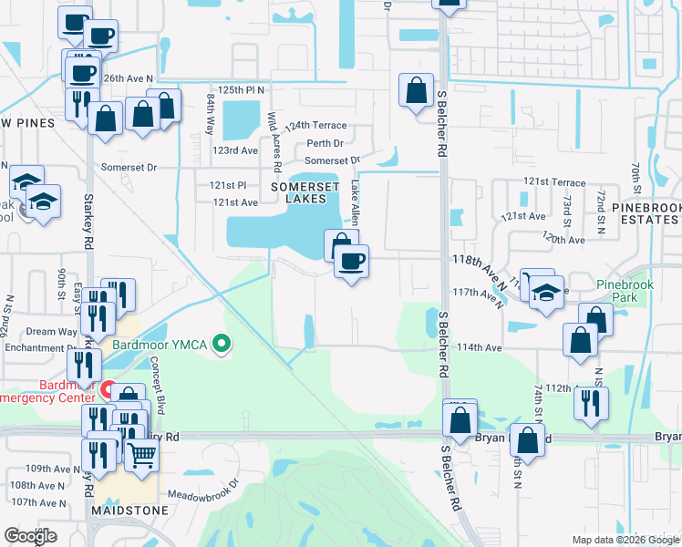 map of restaurants, bars, coffee shops, grocery stores, and more near 8042 118th Avenue North in Largo