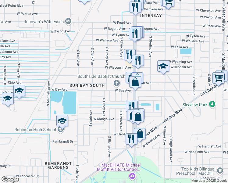 map of restaurants, bars, coffee shops, grocery stores, and more near 6202 South Adelia Avenue in Tampa