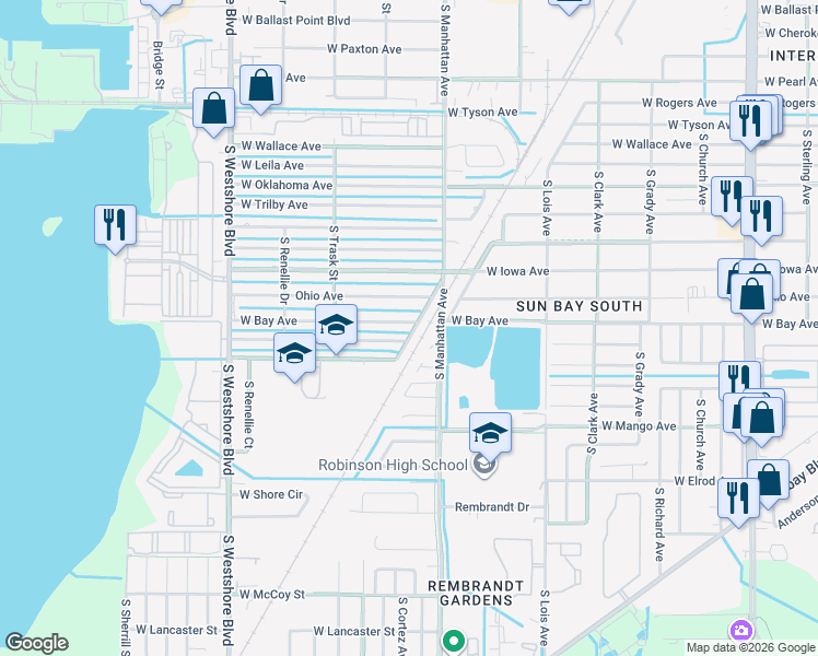 map of restaurants, bars, coffee shops, grocery stores, and more near 4412 West Bay Avenue in Tampa