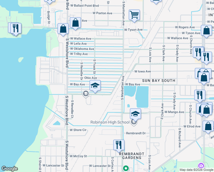 map of restaurants, bars, coffee shops, grocery stores, and more near 4422 West Bay Avenue in Tampa