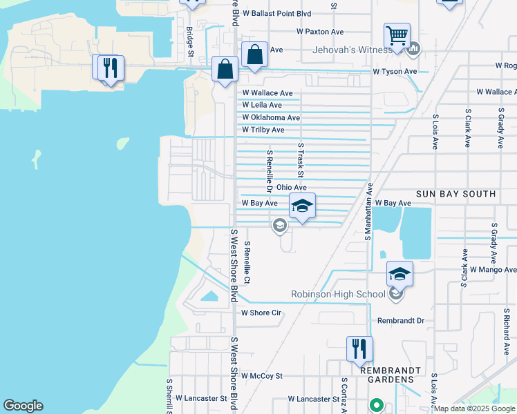 map of restaurants, bars, coffee shops, grocery stores, and more near 4724 West Bay Avenue in Tampa
