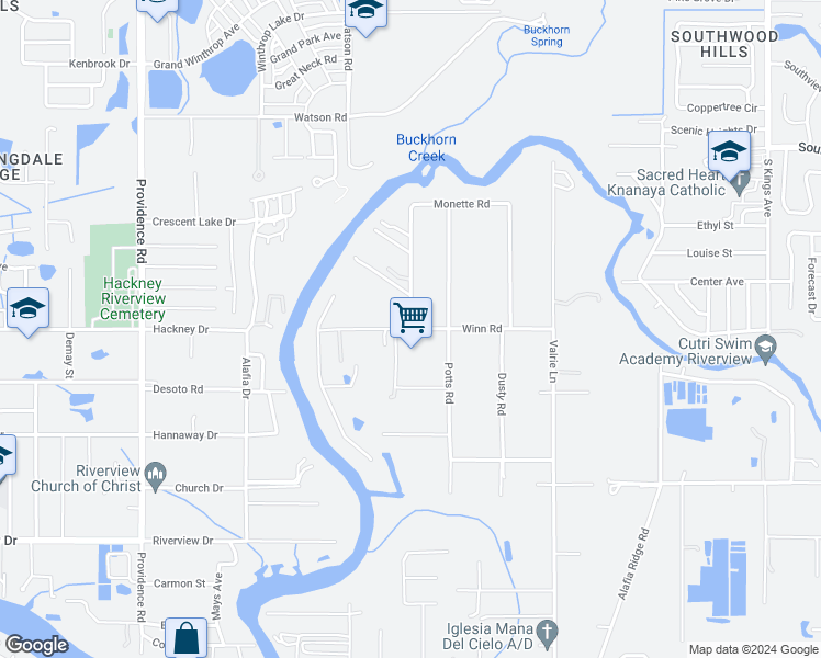 map of restaurants, bars, coffee shops, grocery stores, and more near 11500 Monette Road in Riverview