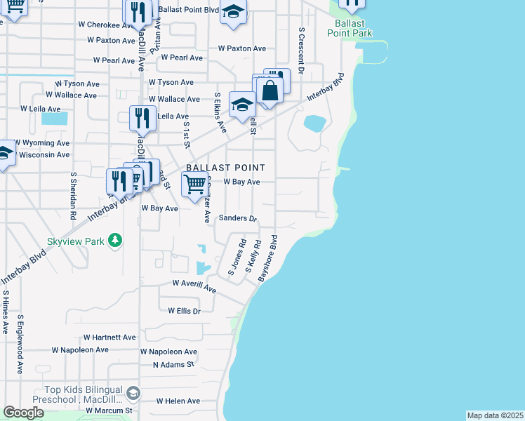 map of restaurants, bars, coffee shops, grocery stores, and more near 2710 Chambray Lane in Tampa