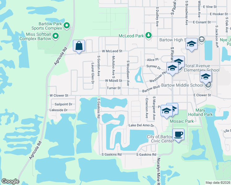 map of restaurants, bars, coffee shops, grocery stores, and more near 1698 McAdoo Avenue South in Bartow