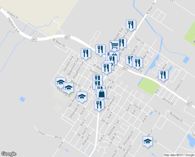 map of restaurants, bars, coffee shops, grocery stores, and more near 2782 Dallas Avenue in Ingleside