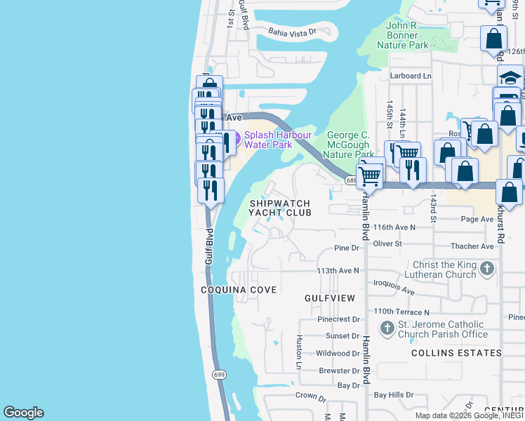map of restaurants, bars, coffee shops, grocery stores, and more near 11590 Shipwatch Drive in Largo