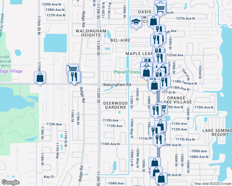 map of restaurants, bars, coffee shops, grocery stores, and more near 11200 Walsingham Road in Largo