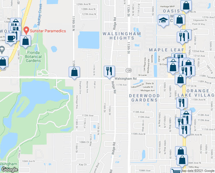 map of restaurants, bars, coffee shops, grocery stores, and more near 11538 117th Avenue in Largo