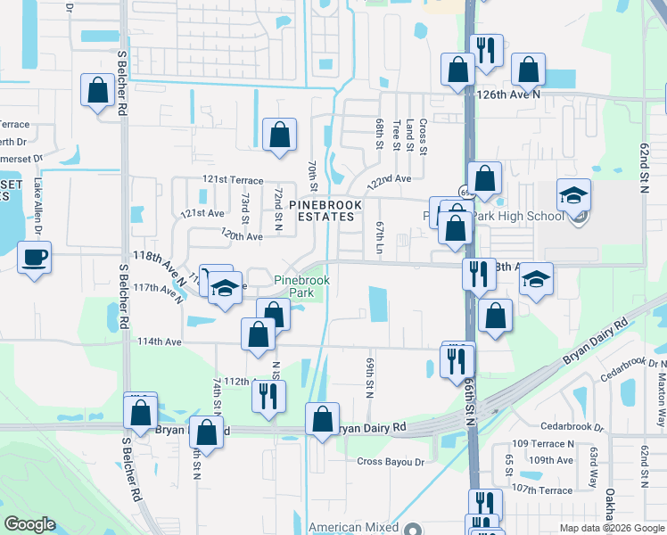 map of restaurants, bars, coffee shops, grocery stores, and more near 11752 69th Way in Largo