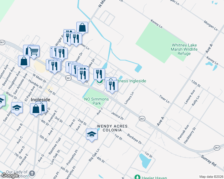 map of restaurants, bars, coffee shops, grocery stores, and more near 2310 Madrid Drive in Ingleside