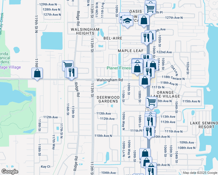map of restaurants, bars, coffee shops, grocery stores, and more near 11200 Walsingham Road in Largo