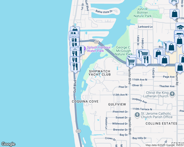 map of restaurants, bars, coffee shops, grocery stores, and more near 11590 Shipwatch Drive in Largo